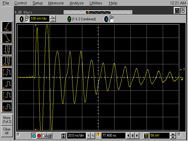 Scope plot showing a damped oscillation