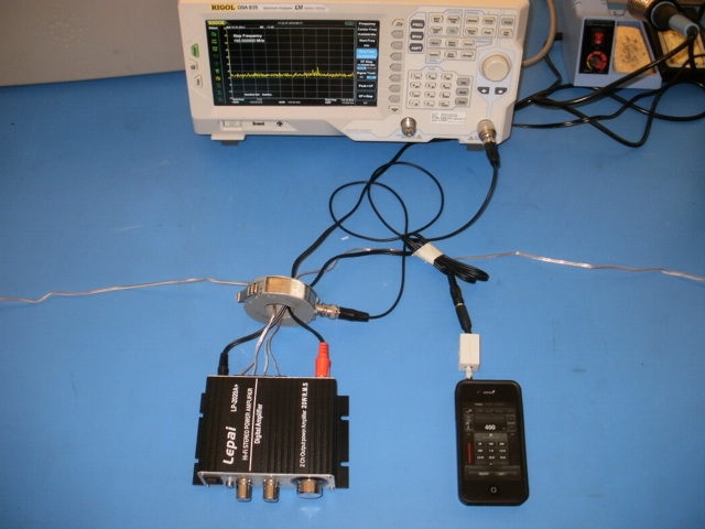 Test setup with Class D amp and iPhone signal source