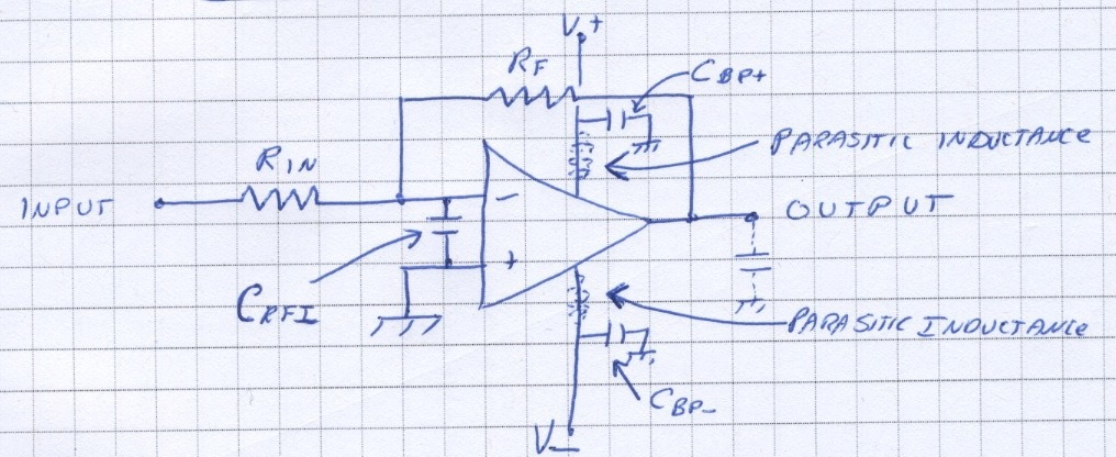 Non-inverting opamp circuit with parasitic inductance