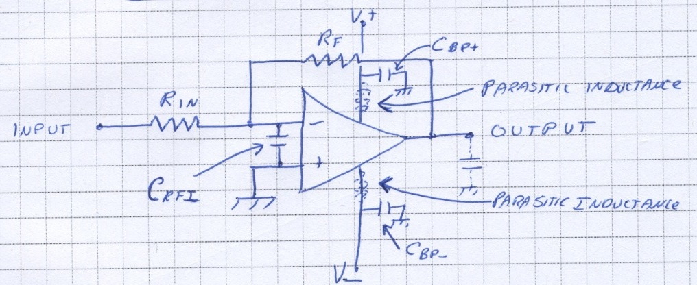 Non-inverting opamp circuit with parasitic inductance